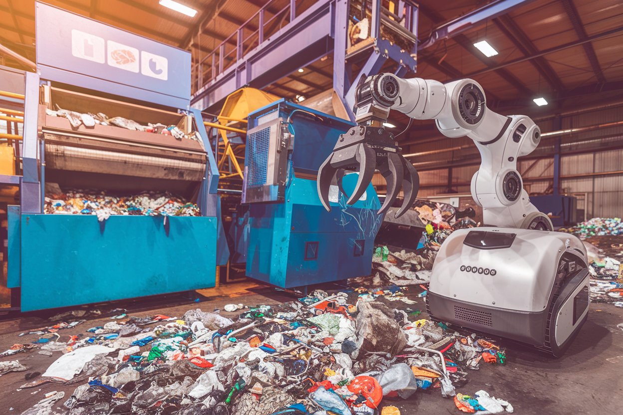 Proceso de reciclaje de residuos plásticos: Imagen que muestra un contenedor de plástico lleno de envases reciclables siendo transportado a una planta de reciclaje, donde se separan y procesan para su reutilización